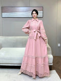 Fongt Retro Elegant Lace Splicing Strap To The Waist Lantern Sleeve Dress Female Thin Temperament Court Style Dress