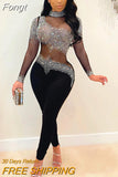 Beautiful Sheer Mesh Crystal Jumpsuits Women Rompers Glam Long Sleeve See-Through Rhinestones Romper Night Out