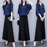 Fongt New Large-Size Women's Summer Two-Piece Sant Chiffon Broad Leg Trousers Casual Fashion Suit Woman