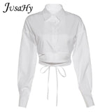 Y2K Bandage Shirt for Women Autumn Harajuku Style Long Sleeves Tops Office Lady Clothing Solid Casual Wild