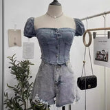 Real Shot Shoulder Bubble Short Sleeves Denim Shirt Design Hot Girl Collar Small Short Top