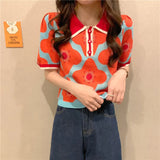 Women Puff Short Sleeve Printed Flowers Sweaters Shirts Polo Collar Cropped Thin Sweater Pullover Crop Top For Female-Outfit