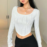 Fongt Women's Clothing 2025 Autumn Explosion U Collar Top Water Corrugated Body-Closing Sexy Long-Sleeved T-Shirt Girl