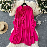 Fongt Version Of High-End Sense Polo Collar Shirt Women Autumn Three-Dimensional Flowers Loose Irregular Folding Tail Design Top
