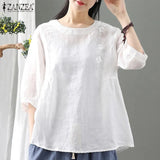 Women Vintage 3/4 Sleeve Cotton Tops Elegant Floral Shirt Casual Solid Work Blusas Oversize Summer Embroidery