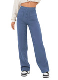 Fongt Fashion New Women's Casual Straight Pants High Waist Button Elastic Belt With Multiple