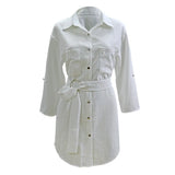 Popular Style Summer Belt Cardigan Solid Color Pull-Sleeved Shirt Dress-Outfit