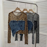 Fongt Shooting Fashion Leopard Tard Tard Babes Mesh Splicing Denim Irregular Bottom Shirt Short Top 2617