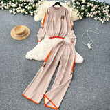 Fongt Letter Embroidered Knitted Shirt Long Sleeve Sweater High Waist Broad Leg Trousers Casual Sports Two-Piece Suit Woman