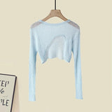 Women Summer Two Pieces Set Korean Knitted Hollow Out Irregular Sunscreen Top And Ruffles Patchwork Chiffon Dress