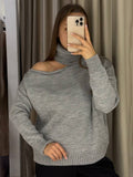Fongt Enter The High-Collar Shoulder Sweater Unique Asymmetric Design Gentle Apricot Gray Color Optional Autumn And Winter Atmosphere