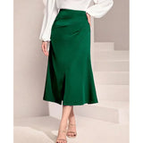 Women's High-Waisted Satin Pleated Split Skirt Solid Color Half Skirt Zipper Fishtail Hip Skirt-Outfit