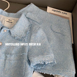 Tweed Skirt Suit 2023 New Fashion Two Piece Set Women Crop Top Wrap And Hip Plaid Mini Skirts Tassel Outfits Summer