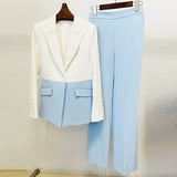 QUALITY New 2023 Designer Runway Suit Set Women's Career Slim Fit Single Button Color Block Blazer Suit Pants Set Two