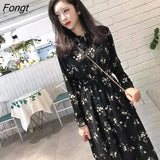 Sleeve Dress Women Floral-printed Chiffon Elegant Black Korean Style Leisure Slender Chic Student Streetwear Womens