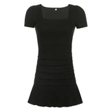Solid Ribbed Square Collar Dress Casual Black Short Sleeve Ruffles Patchwork Mini Dresses for Women Korean Fashion Style-Outfit