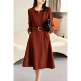 Fongt And Autumn 2025 Luxury Temperament Orange Red Design Sense V Collar Long-Sleeved Dress Elegant Commute Fashion Long Dress