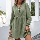 Vintage Front Button Ruffled A-line Dress Lantern Sleeve Deep V neck Solid High Street Mini Dress 2021 Autumn New