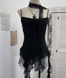 Fongt Lace Splicing Irregular Lotus Leaf Edge Ribbon Sling Vest Round Neck Sexy Sleeveless Top 1218