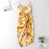 Vintage Yellow Tie dye Flower print Spaghetti Strap Dress Hem Slim Waist Slit Irregular Long Dresses Sling