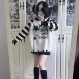 Black White Striped Sweaters Mujer 2024 New Star Letter Print Tops Women Y2k Autumn Long Sleeve Hole Pullovers-Outfit