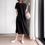 Fongt New Leisure Spring And Summer Loose Skirt Short Sleeve Round Neck Solid Cotton Linen Dress