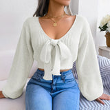 Wind Shooting Autumn And Winter Fashion Bow V Leader Lantern Sleeve Open Umbilly Sweater Women's
