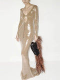 Autumn 2023 New Women's Sexy Deep V Long Sleeve Backless Sequins Tight Long Dress Elegant Evening Dress