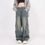 Fongt Old Vintage Washed Jeans For Versatile And Versatile High Street Pocket-Down Casual Cargo Pants-Outfit