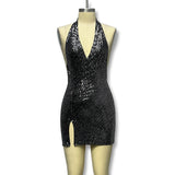 Fongt Sales Of Explosive Night Club Women's Fashion Sleek Sexy Dew Deep V Open Fork Light Dress Woman