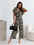 Fongt Women's Spring Leopard Print V-Leading Flying Sleeves Wide-Legged Jumpsuit