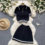 Fongt New Knitted Shirt Two Sets Of Women Retro Short-Sleeved Top + High-Waisted Folded Skirt