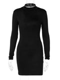2021 Autumn Winter Women Long Sleeve High Neck Backless Mini Dress Diamond Chain Hollow Out Bodycon Sexy Party