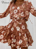 Women Boho Floral Print Mini Vintage Dress Elegant 2022 Spring Long Sleeve Elastic Wasit A-line Day Party