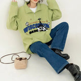 Green Cute Cow Embroidery POLO Shirt Sweatshirt Half Zipper Loose Casual Students Girls Pullover Kawaii Clothes
