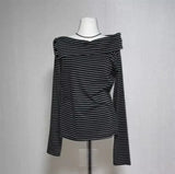 Gray Contrast Striped Tee Shirt Autumn New Lapel Neck Off Shoulder T-shirts Y2k Grunge Long Sleeve Tops Graphic T Shirts-Outfit
