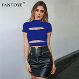 Hot Summer Hollow Out Women T Shirts Casual Solid Short Sleeve Crop Top Slim High Street Clubwear Pullover Basic