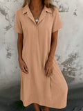 Fongt New Leisure Spring And Summer Loose Short-Sleeved V-Neck Solid Cotton Shirt Dress