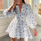 Fongt Women's Wear Temperament Sweet Floral High Waist Slim V Collar Short Long Sleeve Winter