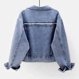 Denim Jacket Women Rivet Diamond Jean Coat 2023 Spring Autumn Blue Small Outerwear Casual Tops Lady All-match