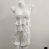 Fongt Fraiding Splicing Simulation Silk Sling Shorts Pajamas Set Idyllic Spring And Autumn Pure Thin Home Clothes Girl