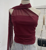 Fongt Shooting Mesh Ribbon Hanging Neck Folded Sleeveless Top Babes Two-Wearing Design Wrapping Bras 1125