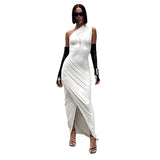 Fongt Summer New Women's Pure Color Dress Casual Collar Sleeveless Single-Shoulder Dress