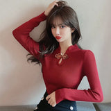Chinese Style Tops Vintage Button Long Sleeve Pullover Knitted Sweater 2023Autumn Winter Elegant Elasticity