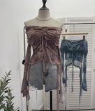 Fongt Old-Fashioned Green Shoulder Horn Sleeve Blouse Dye Net Yarn Lace Draw Rope Short T-Shirt 8010