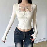 Desire For Sweet American Collar Lace Lace Splicing Tie Long-Sleeved T-Shirt Female Bow Knot Waist Thin Knitted Blouse-Outfit