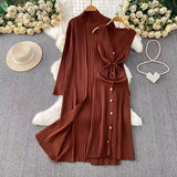 Fongt Temperament Long Knitted Shawl Coat + Light Luxury Metal Buckle Vest Dress Set