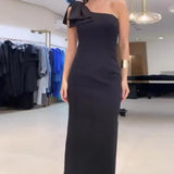 Fongt Summer New Light Ripe Wind Pure Color Three-Dimensional Bow Knot Temperament Slit Dress-Outfit