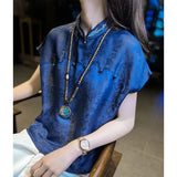 Silk Embroidered Blouse Women's High-Grade Feeling In Summer Imitating Pure Silk Improved Cheongsam Chinese Style Plate Button Printed Blouse-Outfit