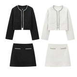 Fongt Spring Long Sleeve Water Drill Decoration Short Rough Spinning Ring Velvet Jacket Mini Skirt Suit Woman